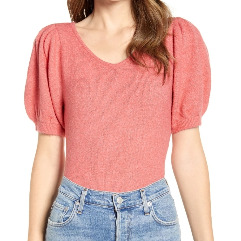 Rachel Parcell Pink Puff Sleeve Sweater Top Sz M